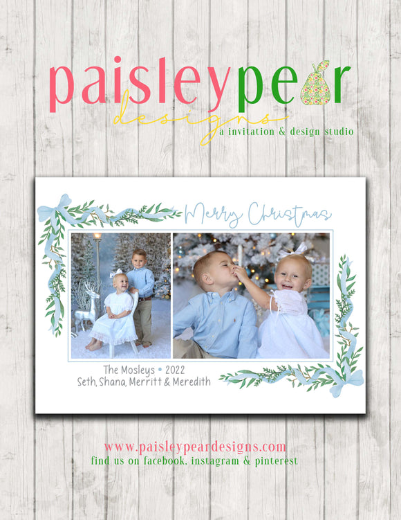 Baby Blue Watercolor Greenery - Christmas Photo Card - Digital Available