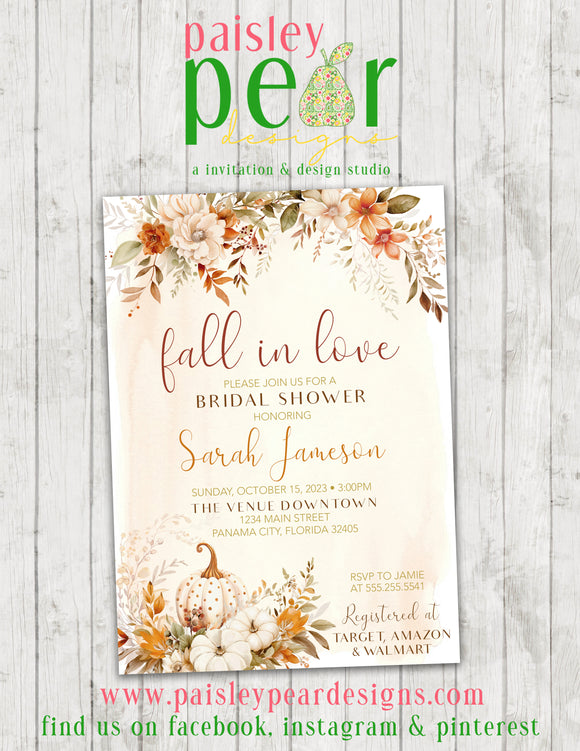 Fall In Love - Fall/Pumpkin Bridal Shower Invitation - Digital Available