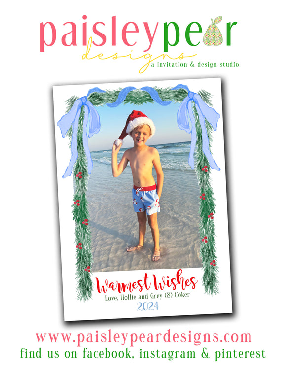 Blue Bow - Christmas Photo Card - Digital Available