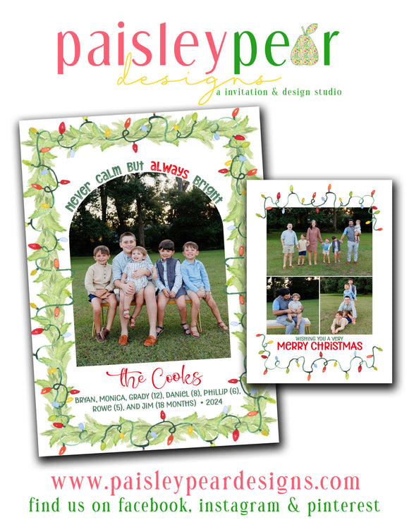 Christmas Lights Watercolor - Christmas Photo Card - Digital Available