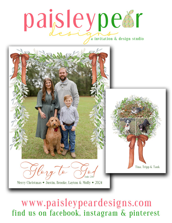 Glory to God Wreath and Bow - Christmas Photo Card - Digital Available