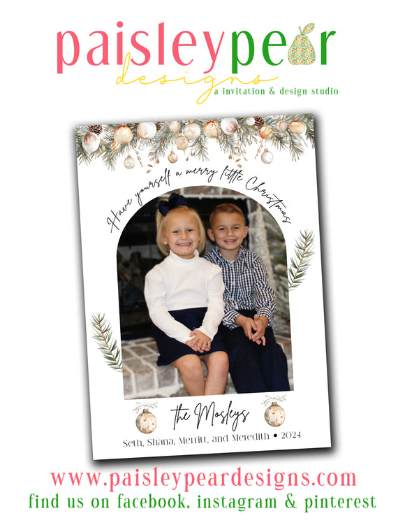 Gold Ornaments and Greenery - Christmas Photo Card - Digital Available