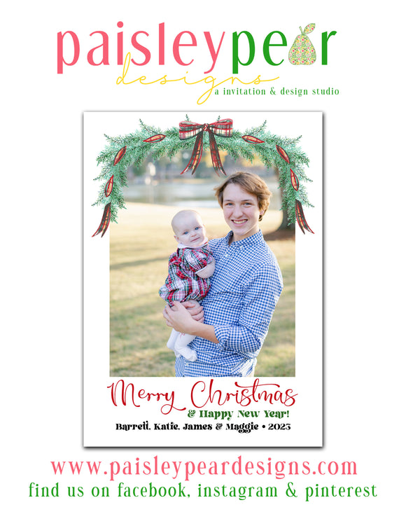 Plaid Bow & Greenery - Christmas Photo Card - Digital Available