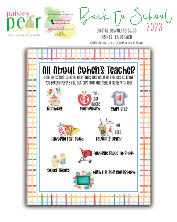 Teacher About Me Page - Back to School - Teachers and More - Digital File Available