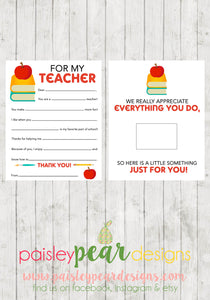 For My Teacher Fill-in Gift Card Sheet  - Teacher Appreciation Tags
