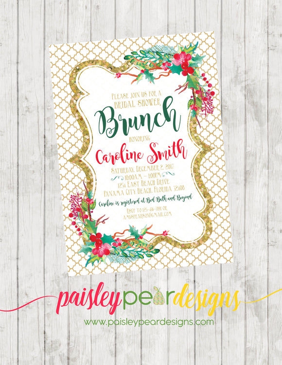 Gold Holly Brunch - Christmas Party Invitation
