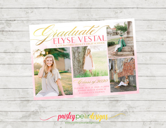 Pink and Gold Watercolor - Graduation Announcement