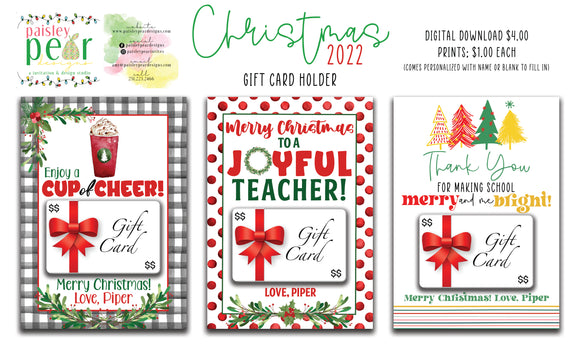 Christmas Gift Card Holder - Teachers and More - Digital File Available