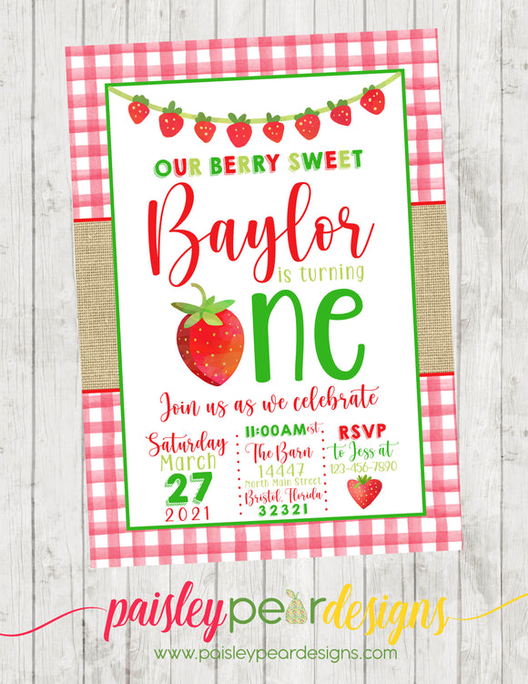 Strawberry Birthday Invitation - Digital Available